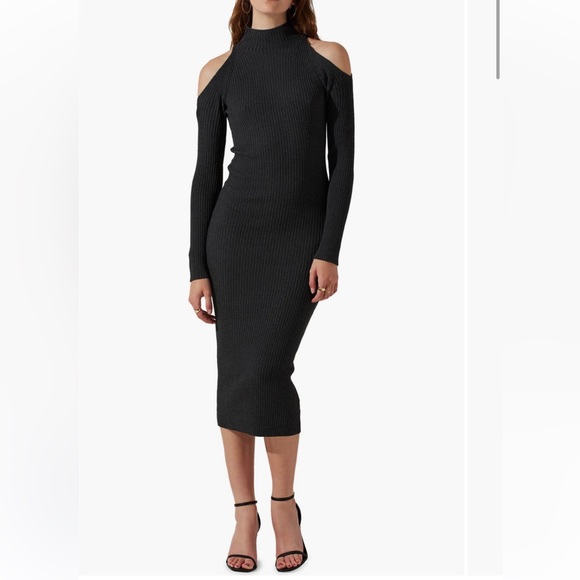 Dresses & Skirts - ASTR Cold Shoulder Mock Neck Midi Ribbed Bodycon Grey Sweater Size Large